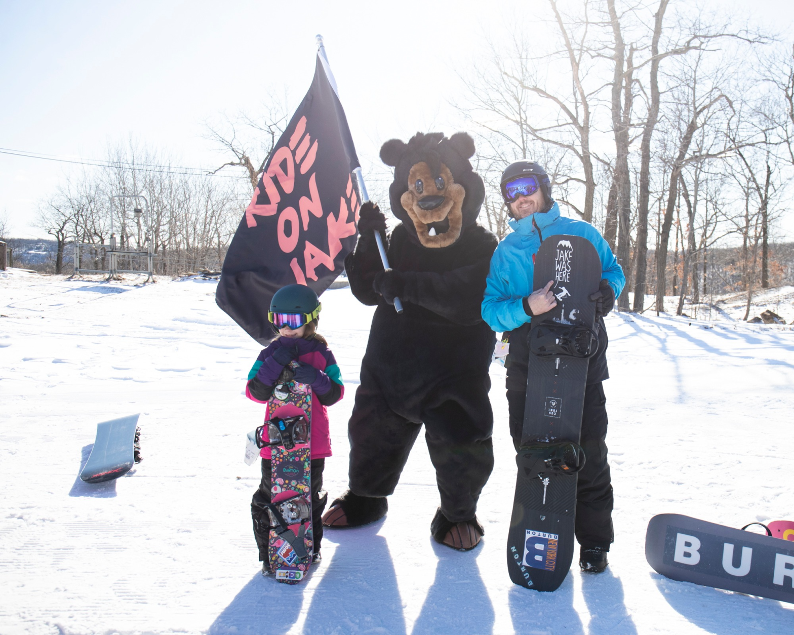 Vern Posing with two snowboarders at Mountain Creek in Vernon New Jersey
